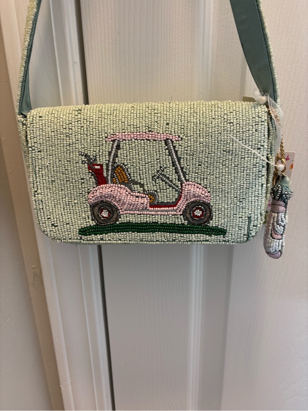 Beaded Pink Golf Cart Crossbody Bag in Cream